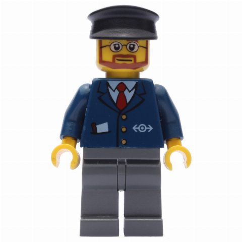 Minifigurka Train Worker, Dark Blue Jacket with Train Logo, Black Hat, Beard and Glasses