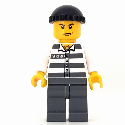 Minifigurka Criminal, Prison Shirt with #50380, Dark Bluish Gray Legs, Black Hat