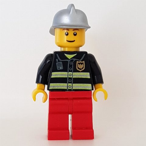 Minifigurka Fireman, Black Fire Jacket with Reflective Stripes, Radio, and Badge, Red Legs, Silver Helmet