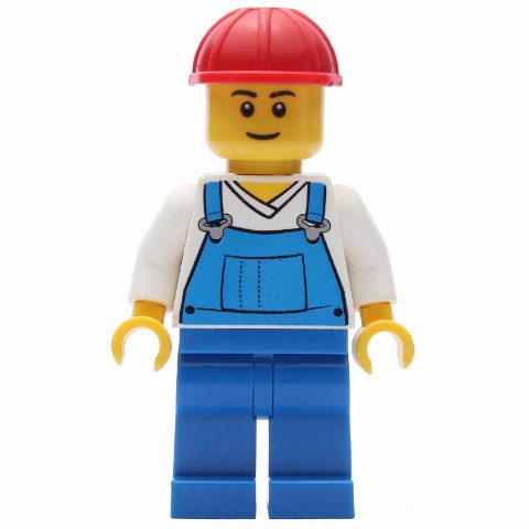 Minifigurka Blue Overalls and White V-Necked Shirt, Red Hard Hat