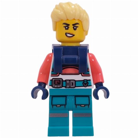 Minifigurka Astronaut, White/Coral Suit, Dark Turquoise Legs, Bright Light Yellow Hair, Harnass