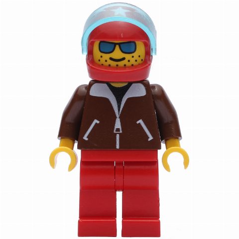 Minifigurka Pilot, Brown Jacket, Red Legs, Red Helmet with Stars and Visor, Blue Sunglasses