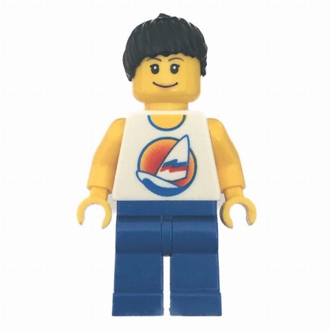 Minifigurka Woman, White Tank Top with Windsurfer, Blue Legs, Black Ponytail