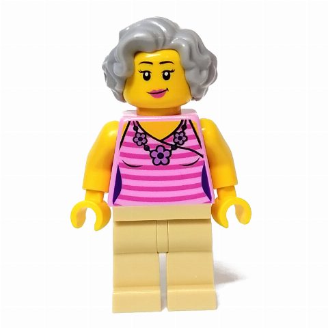 Minifigurka Woman, Bright Pink Torso, Tan Legs, Light Bluish Grey Hair