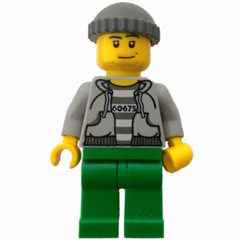 Minifigurka Criminal, Open Light Bluish Gray Hoodie over Prison Shirt with #60675, Dark Bluish Gray Hat, Stubble
