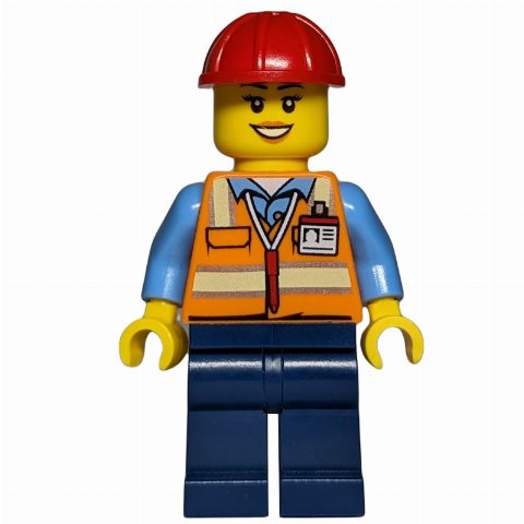 Minifigurka Construction Worker - Orange Torso, Dark Blue Legs, Red Helmet, Female