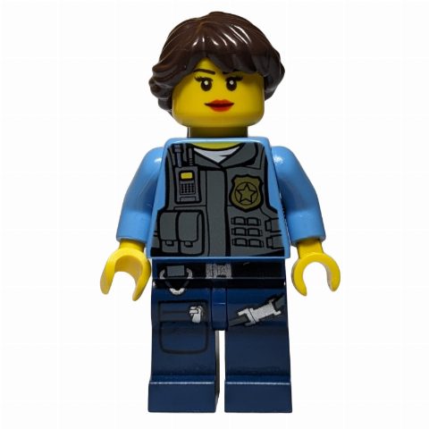 Minifigurka Policewoman, Dark Bluish Gray Vest with Radio, Badge and Pouches over Medium Blue Shirt, Dark Brown Hair
