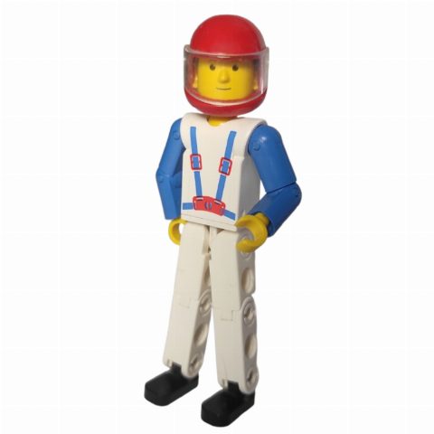 Minifigurka Technic Figure White Legs, White Top with Blue Braces Print, Blue Arms, Red Helmet