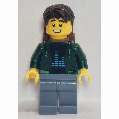Minifigurka Passenger, Dark Green Torso, Sand Blue Legs, Dark Brown Hair, Backpack