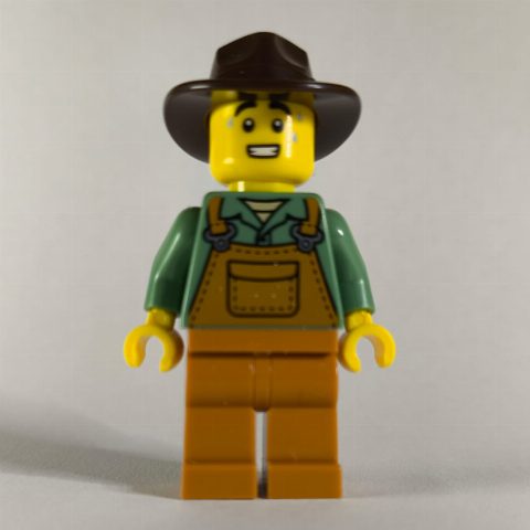 Minifigurka Farmer, Medium Nougat Overalls, Dark Brown Hat