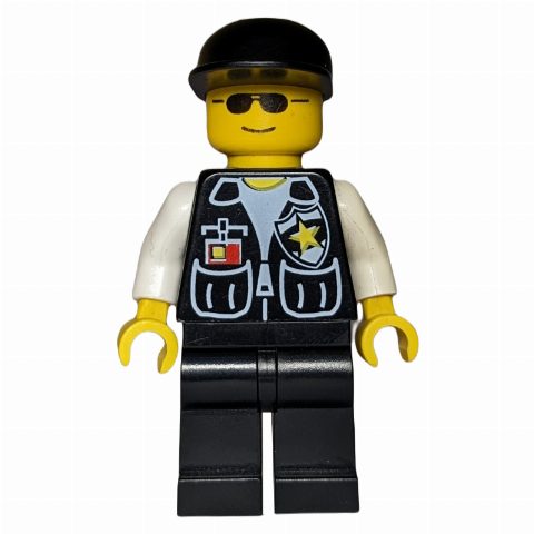 Minifigurka Policeman, Black Vest with Badge and Pockets, Black Cap, Sunglasses