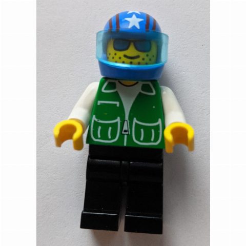 Minifigurka Pilot, Green Jacket, Black Legs, Blue Helmet with Stars and Visor, Blue Sunglasses