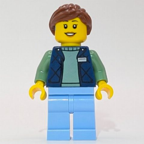 Minifigurka LEGO Employee, Dark Blue Torso, Bright Light Blue Legs, Reddish Brown Hair