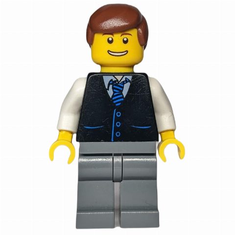 Minifigurka Man - Black Vest, Dark Bluish Gray Legs, Reddish Brown Hair