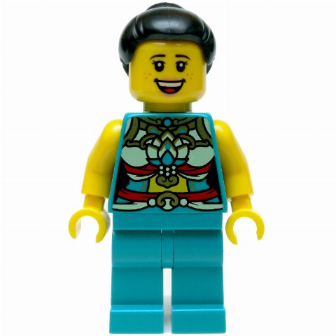Minifigurka Dark Turquoise Torso, Chinese Decorations, Dark Turquoise Legs, Black Hair Bun