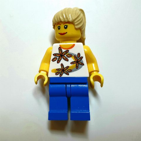 Minifigurka White Torso, Blue Legs, Tan Hair