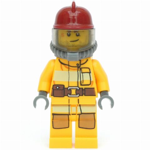 Minifigurka Fireman, Bright Light Orange Fire Suit, Dark Red Helmet, Breathing Apparatus, Airtanks, Stubble and Scar