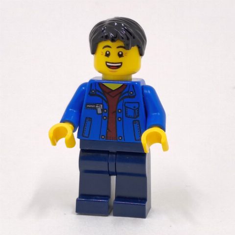 Minifigurka Man, Open Blue Jacket over Dark Red Shirt, Dark Blue Legs, Black Hair