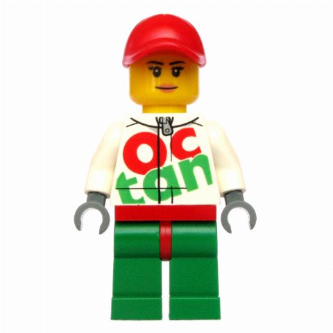 Minifigurka Racer, Woman, White and Green Jumpsuit with Large 'Octan', Red Cap