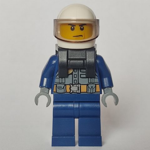 Minifigurka Policeman, Dark Bluish Gray Vest with Radio and Badge over Dark Blue Shirt, White Helmet with Visor, Neck Bracket