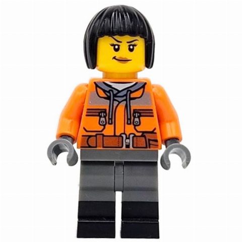 Minifigurka Train Worker, Orange Torso, Dark Bluish Grey Legs, Black Boots, Black Hair