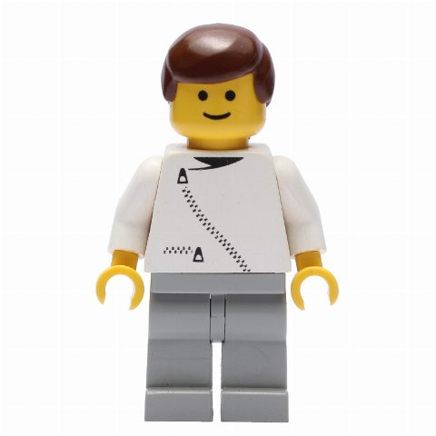 Minifigurka Man, White Jacket with Zipper, Light Gray Legs, Brown Hair