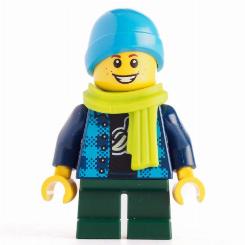 Minifigurka Kid, Dark Blue Torso, Dark Green Legs, Blue Cap, Lime Scarf