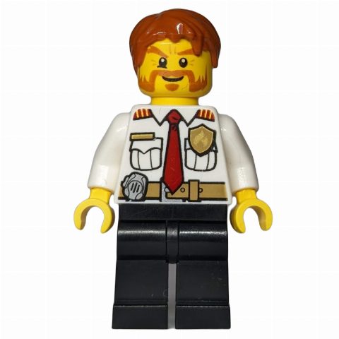 Minifigurka Fireman, White Shirt with Red Tie, Badge, and Radio on Belt, Dark Orange Hair, Mutton Chops and Moustache
