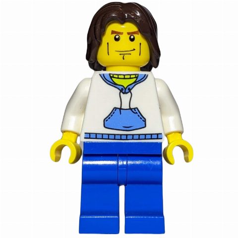 Minifigurka Man, White and Blue Hoodie, Blue Legs, Dark Brown Hair