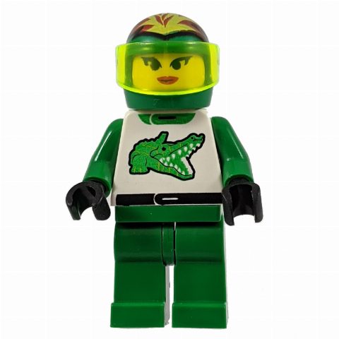 Minifigurka Racer, Woman, Green and White Outfit with Crocodile, Green Helmet with Flames and Visor