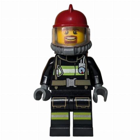 Minifigurka Firefighter, Black Fire Jacket with Straps and Gauge, Dark Red Helmet, Goatee Beard, Yellow Airtank