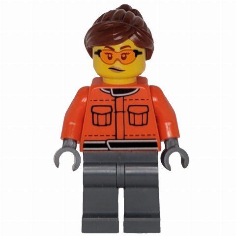 Minifigurka Pit Crew, Reddish Orange Torso, Dark Bluish Grey Legs, Female, Reddish Brown Hair