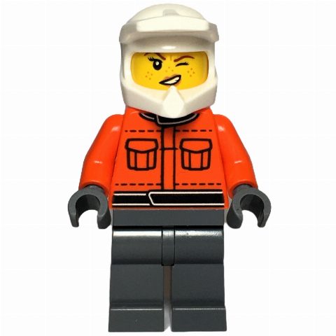 Minifigurka Pit Crew, Reddish Orange Torso, Dark Bluish Grey Legs, Female, Wink
