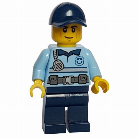 Minifigurka Police Officer - Justin Justice - Bright Light Blue Shirt, Dark Blue Legs, Dark Blue Cap