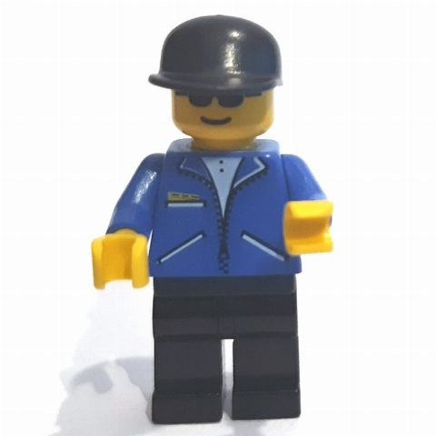 Minifigurka Man, Blue Jacket with Zipper, Black Legs, Black Cap, Sunglasses