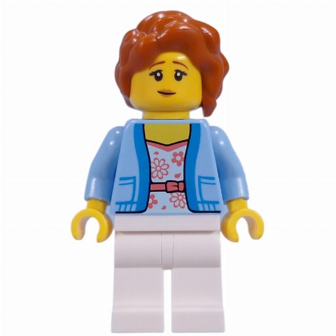 Minifigurka Visitor, Bright Light Blue Torso, White Legs, Dark Orange Hair
