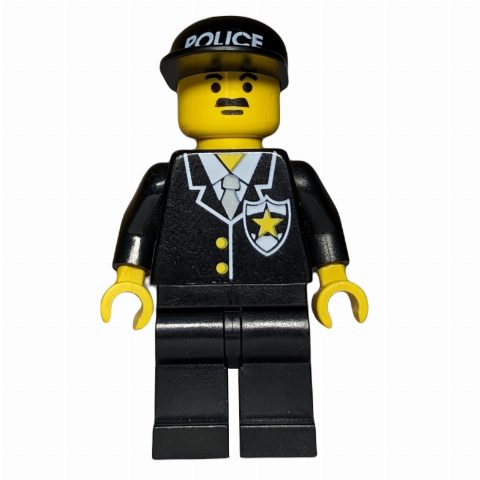 Minifigurka Policeman, Black Suit with Tie and Badge, Black Cap with 'POLICE', Moustache
