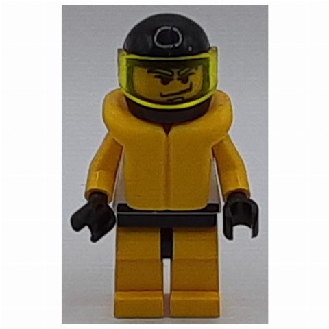 Minifigurka Racer, Yellow and White Outfit with Tiger, Black Helmet with Visor, Yellow Life Vest