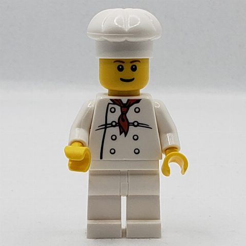 Minifigurka Chef, Red Neckerchief, White Legs, Smile, Reddish Brown Eyebrows
