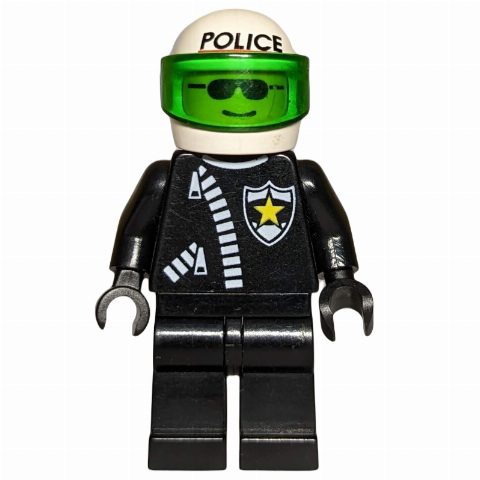 Minifigurka Policeman, Black Jacket with Zipper and Badge, White Helmet with 'POLICE' and Trans-Green Visor, Sunglasses