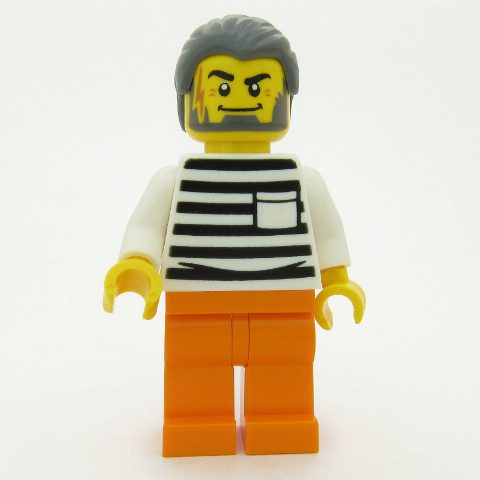 Minifigurka Criminal, Black and White Striped Shirt, Orange Legs, Dark Bluish Gray Hair