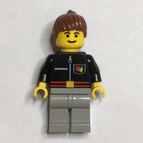 Minifigurka Firewoman, Black Fire Jacket with Red Belt and Badge, Brown Hair