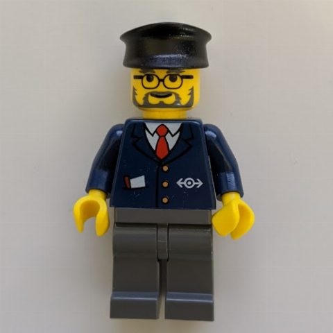 Minifigurka Train Worker, Blue Jacket with Train Logo, Black Hat, Beard and Glasses