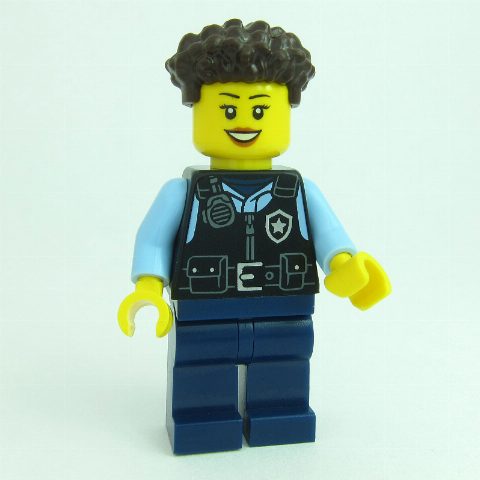 Minifigurka Police Officer, Black Vest, Dark Brown Hair