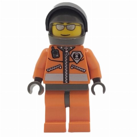 Minifigurka Coast Guard, Orange Jumpsuit with Zipper, Radio, and Badge, Dark Bluish Gray Hands, Dark Bluish Gray Helmet with Visor, Silver Sunglasses