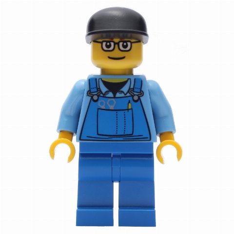 Minifigurka Man, Blue Overalls over Shirt, Blue Legs, Black Cap, Glasses