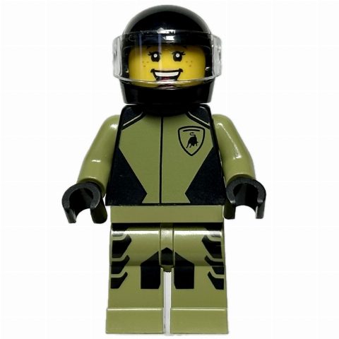 Minifigurka Race Driver - Olive Green Suit, Lamborghini, Black Helmet