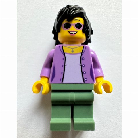 Minifigurka Medium Lavender Torso, Sand Green Legs, Black Hair, Sunglasses
