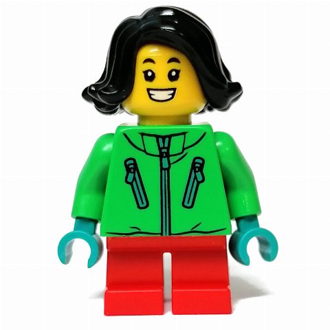 Minifigurka Kid - Green Torso, Red Legs, Black Hair