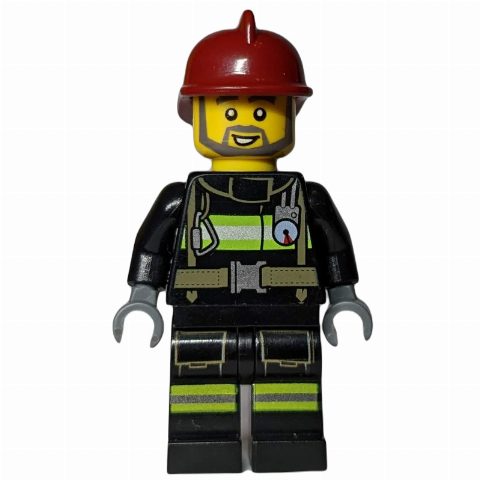 Minifigurka Fireman, Black Fire Suit with Gauge and Straps, Dark Red Helmet, Beard